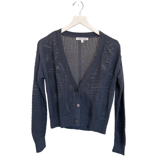 Elizabeth and James Open Knit Navy Blue Button Front Lightweight Sweater Cardiga - Picture 2 of 4